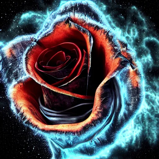 Image similar to 3 d render based on award - winning macro of a beautiful black rose made of molten magma and nebulae on black background by harold davis, highly detailed, inner glow, trending on deviantart, artstation and flickr, nasa space photography, national geographic