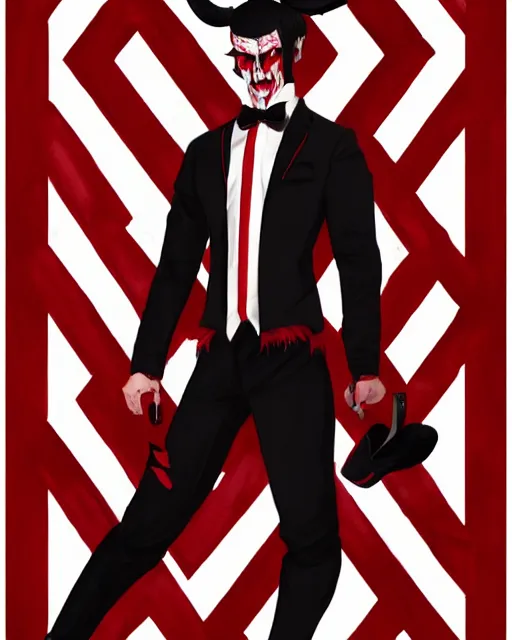 Image similar to Medium shot of Red Imp + White black striped horns + Formal outfit, in the style of greg rutkowski