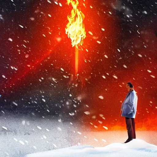Prompt: man of fire on a snowy biome slowly melting snows, heatwave, 4 k photoshop, photorealistic, 1 0 0 m, sharp focus, bokeh, movie shot, cinematic perspective, studio shot