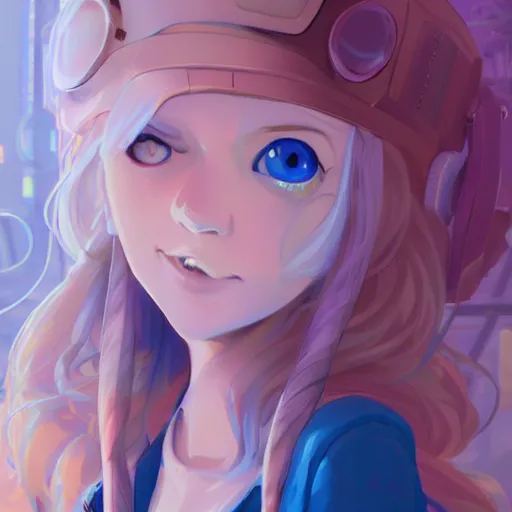 Image similar to a cute 2 0 years old girl with long curly blonde hair, with blue eyes, in a cyberpunk setting, artstation, elegant, highly detailed, digital painting, concept art, smooth, sharp focus, illustration, art by don bluth and michel ocelot and makoto shinkai and tom whalen and atey ghailan and akihiko yoshida