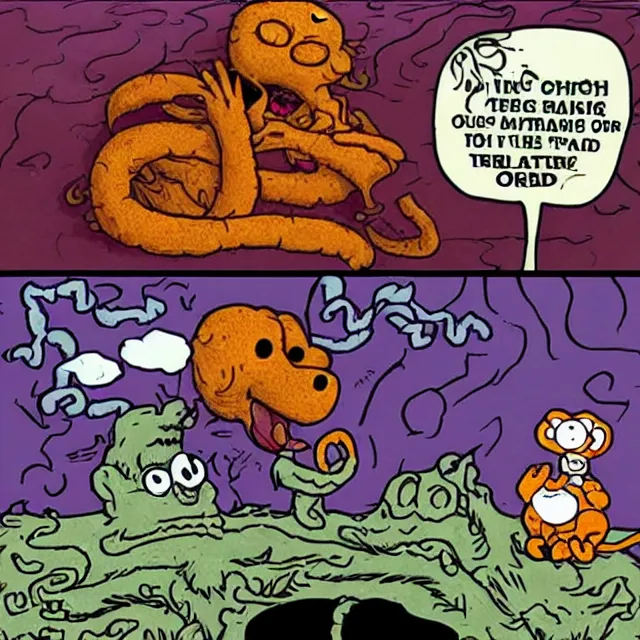 Image similar to eldritch lovecraftian garfield crying at odie's grave