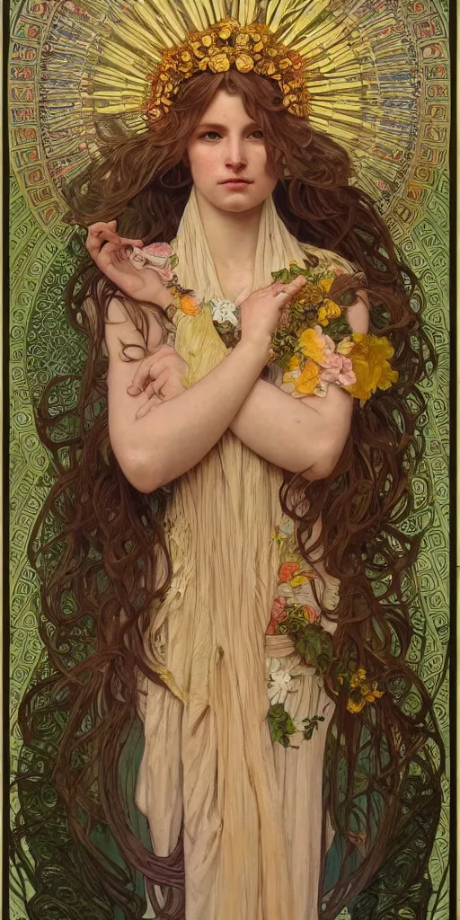 Image similar to a portrait of a beautiful female godess of spring, by Mohrbacher and Moebius and Alphonse Mucha and Roger Deakins, cinematic lighting, masterpiece, highly detailed, 8k resolution, trending on art station