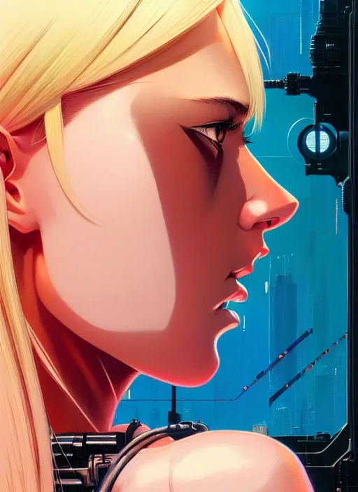 Image similar to side portrait of blonde cyborg girl with robotic parts | | head only in center of image, audrey plaza, fine detail!! anime!! realistic shaded lighting!! poster by ilya kuvshinov katsuhiro otomo ghost - in - the - shell, magali villeneuve, artgerm, jeremy lipkin and michael garmash and rob rey