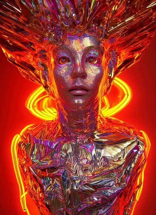 Image similar to hyper detailed ultra sharp portrait of baroque and bladerunner delicate neon ruby sculpture of seductive albino primce royce tigers orange iridescent humanoid deity wearing metallic hoody made out of leaves holding the sun prismatic dungeon, glowing rainbow face, crown of white diamonds, cinematic lighting, photorealistic, octane render 8 k depth of field 3 d