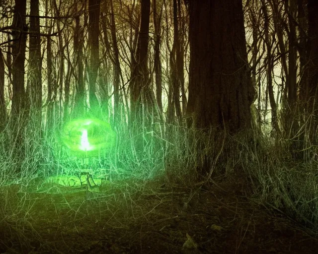 Prompt: nightvision incantation at the liminal forest, cyber innovation. orb pondering.