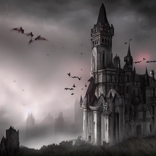 Prompt: wide angle photo of a gothic castle, the sky is red, many bats flying around in the sky, eerie fog, nightmare miasma, trending on artstation,