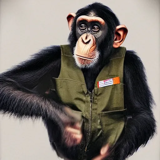 Prompt: A chimpanzee in a vintage military jacket, he has a very good haircut