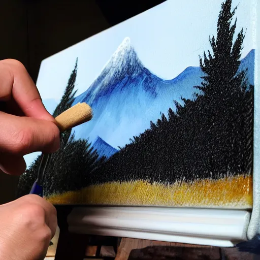 Prompt: a closeup photorealistic photograph of bob ross working on an image of kenny powers baseball bat paintbrush on a canvas. mountains and trees. film still. brightly lit scene. this 4 k hd image is trending on artstation, featured on behance, well - rendered, extra crisp, features intricate detail, epic composition and the style of unreal engine.