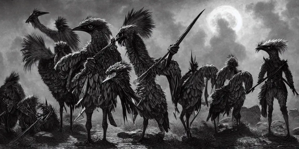 Image similar to a gang of emu banditos, d & d, fantasy, intricate, artstation, sharp focus, digital art, gustave dore, caravaggio,