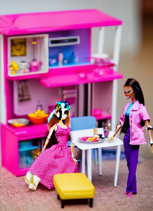 Prompt: a photo of a daily life of a barbie doll, in a doll house, macro, colorful