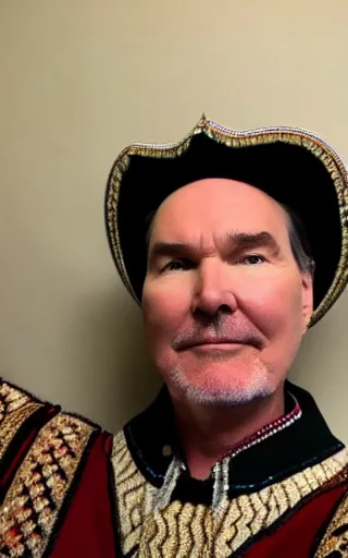 Image similar to Norm MacDonald wearing Mongolian armor, high angle, iPhone selfie