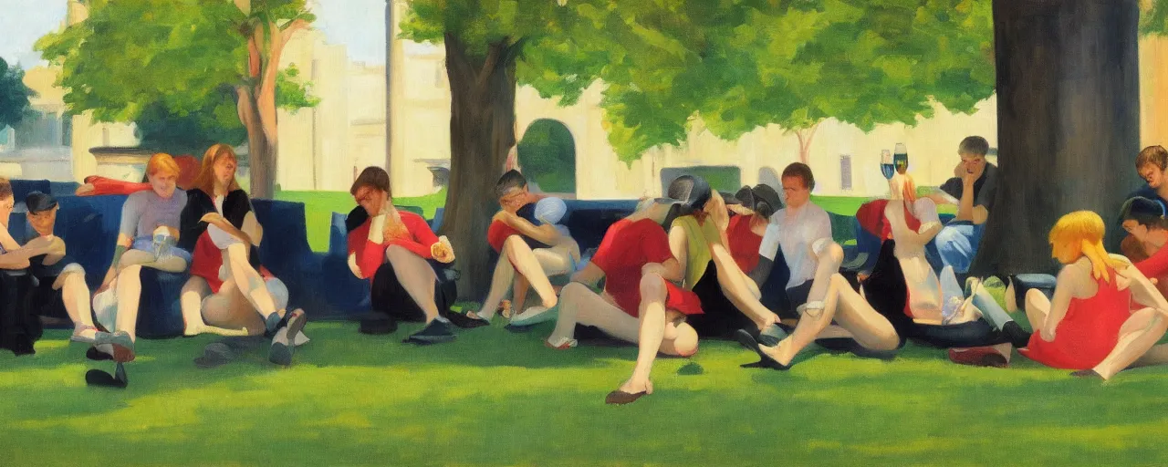 Prompt: an edward hopper style painting of a young generation z group of friends drinking in a park on sundah