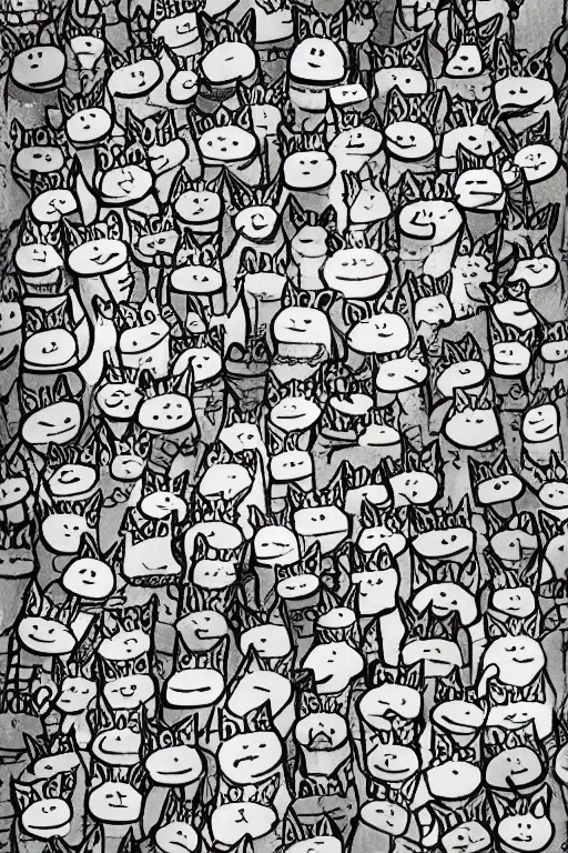 Prompt: cartoon sketch of a thousand angry cats, cute drawing