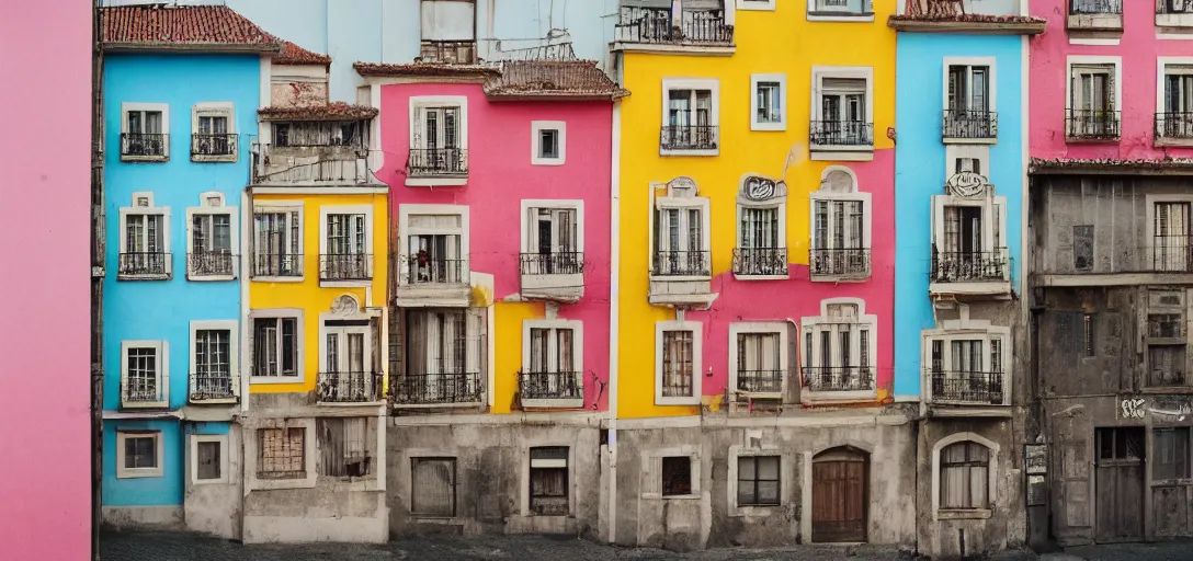 Image similar to house in porto with multicolored tiles. photographed by wes anderson on fujinon premista 1 9 - 4 5 mm t 2. 9. portra 8 0 0.