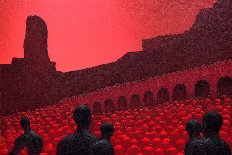 Image similar to only with red, a red great emperor, taormina amphitheatre, crowd with big smile, in the style of beksinski, parts by edward hopper, parts by rodcenko, parts by yue minjun, intricate and epic composition, red by caravaggio, insanely quality, highly detailed, masterpiece, red light, artstation, 4 k