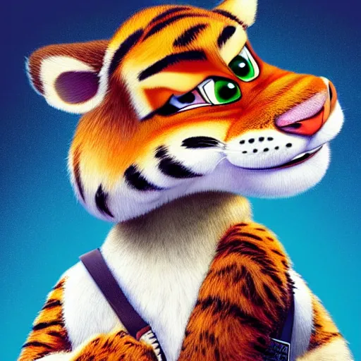 Image similar to “portrait of tiger in the style of the movie zootopia holding a laser gun, 4k, digital art, award winning”