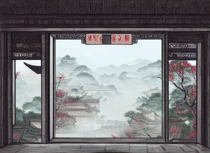 Image similar to view through window, magnificent city in ancient china in late spring, flowers will fade, some fog, realistic style, high details, scene concept., trending on artstation