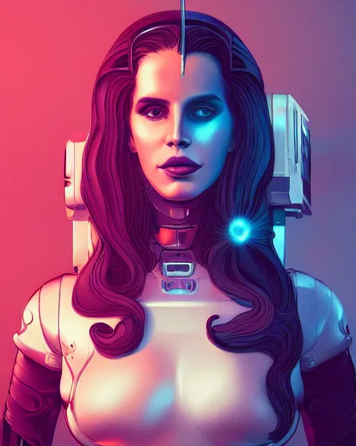 Image similar to portrait of lana del rey as a cyborg. intricate abstract. intricate artwork. by tooth wu, wlop, beeple, dan mumford. octane render, trending on artstation, greg rutkowski very coherent symmetrical artwork. cinematic, hyper realism, high detail, octane render, 8 k, iridescent accents