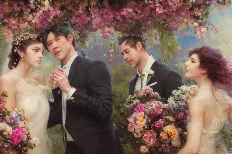 Image similar to the groom look at the bride at a wedding full of flowers, bright and happy, dreamlike art, highly detail, 4 k realistic, wedding photoy krenz cushart, artem demura, yoji shinkawa artgerm, jon lothian, danilo torres. adi meyers. thomas reimann. gaston bussiere.