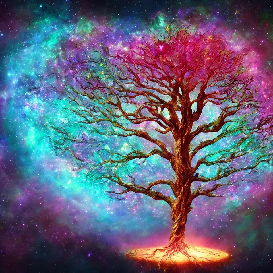 Image similar to cosmic tree of life made of stars, cinematic, trending on artstation, low level, 4K UHD image,