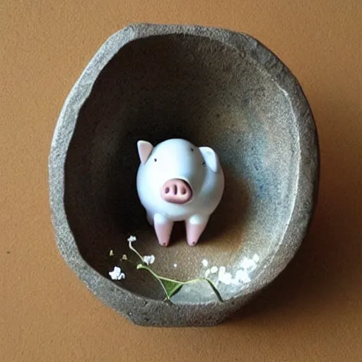 Image similar to “pig sculpture, mixed materials, pork, ikebana white flowers, white wax dripping”