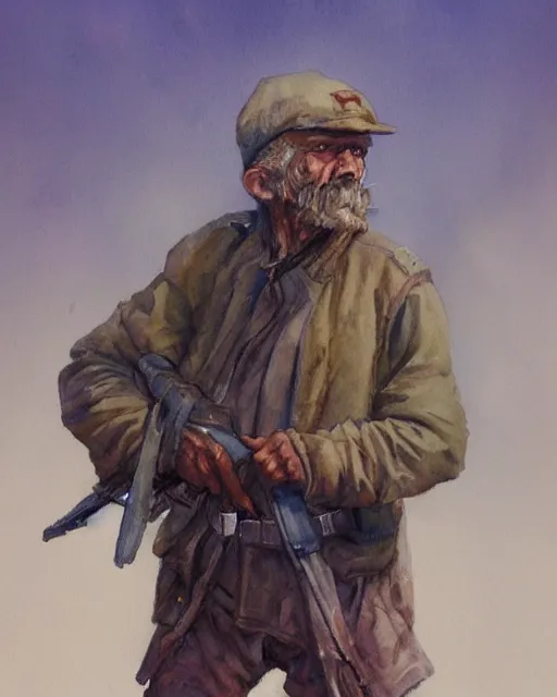 Image similar to a oil / watercolor painting full body character portrait of an old homeless soldier fighting to defend his family in the style of moebius in the style of leonard boyarsky trending on artstation deviantart pinterest detailed photorealistic highlights and shadow hd 8 k post - processing high resolution