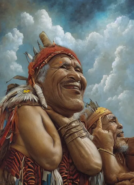 Prompt: faces of indigenous amazonian grandfathers and grandmothers spirits in the clouds, smiling, protection, benevolence, ancestors, detailed faces, hindouist art, religious painting, art by christophe vacher