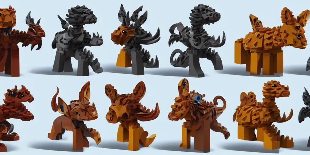 Image similar to creatures made of lego bricks, cute looking, kawaii, sharp focus, character sheet, game concept art