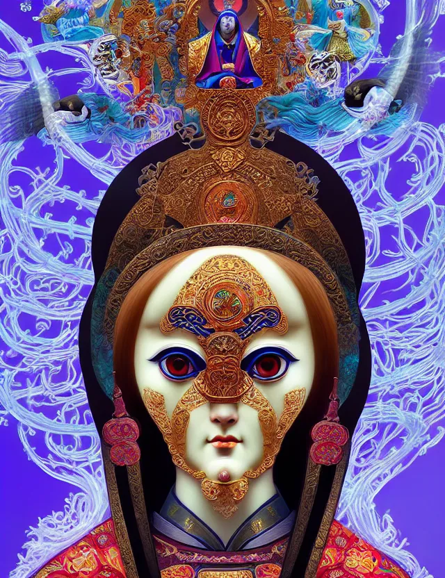 Prompt: 3 d goddess close - up profile portrait russian orthodox icon with ram skull. beautiful intricately detailed japanese crow kitsune mask and clasical japanese kimono. betta fish, jellyfish phoenix, bio luminescent, plasma, ice, water, wind, creature, artwork by tooth wu and wlop and beeple and greg rutkowski