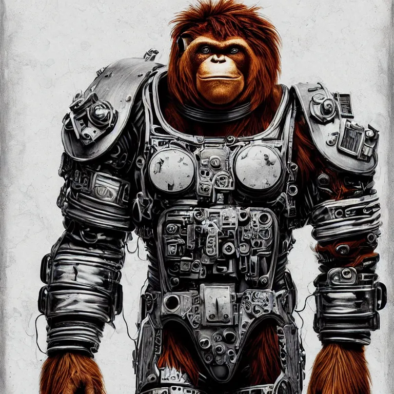 Prompt: a portrait of a muscular anthropomorphic cyberpunk orangutang in spacesuit armor with ensignia on chest plate by sandra chevrier, by jon foster, detailed render, pistol in holster, extremely hyperdetailed, tape deck, epic composition, cybernetics, 4 k realistic, cryengine, realistic shaded lighting, sharp focus, masterpiece, by enki bilal