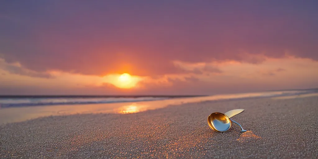 Image similar to A silver spoon on a golden sand beach at sunset