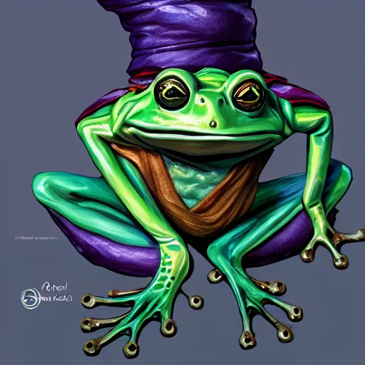 Image similar to A professional portrait of a frog wizard, painted in the style Arcane, 4k, traditional art, trending on artstation, highly detailed, full body shot, wide depth of field, professional lighting, airbrush