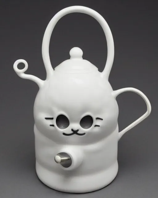 Image similar to a creepy white porcelain tea kettle, with it's lid shaped like a creepy happy cat head, it's handle shaped like a cat tail and it's spout in the shape of the cat paws, at the end of the spot there is a gray mouse. hyperreal, and intricately detailed