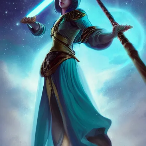 Prompt: a beautiful tarot card of sona with teal colored hair with deep red highlights as a jedi, female, league of legends, space fantasy, in the style of magic the gathering, intricate, elegant, highly detailed, digital painting, artstation, concept art, matte, sharp focus, illustration, art by greg rutkowski and alphonse mucha