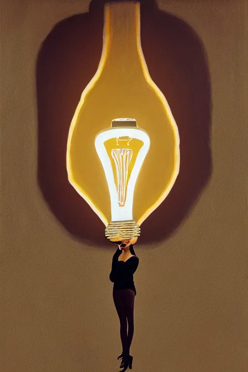 Prompt: painting of a woman inside of an upside down light bulb, kintsugi, modern fine art, fractal, intricate, elegant, highly detailed, digital photography, subsurface scattering, by wes anderson and basquiat and greg rutkowski,