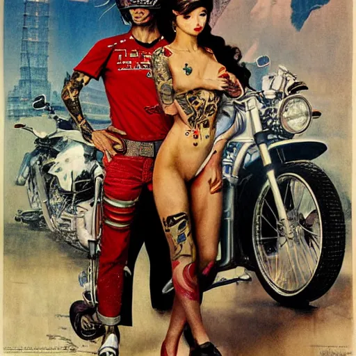 Prompt: super model cyborg girl with Japanese yakuza full body tattoo in future world, painted by Norman Rockwell and Bosch, in motorcycle helmet