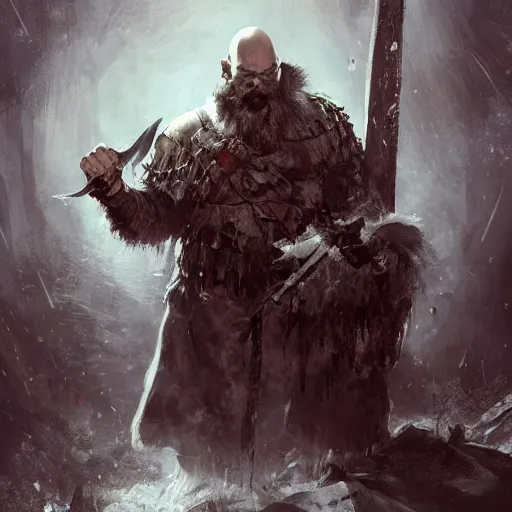 Prompt: A huge, imposing bald man with ashen skin, clothed in ragged furs, wielding a great battle-axe and screaming at the sky, surrounded by a pile of inanimate bodies. D&D, fantasy, dnd, intricate, highly detailed, smooth, artstation, digital illustration by Ruan Jia and Mandy Jurgens and Artgerm and Wayne Barlowe and Greg Rutkowski and Zdislav Beksinski
