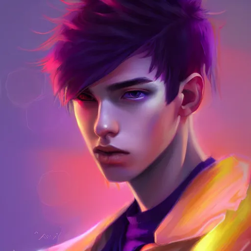 Image similar to colorful and festive captivating teenager boy with straight purple hair, purple eyes with red eye markers, slim body, wearing japanese combat clothes. rich vivid colors, ambient lighting, dynamic lighting, 4 k, atmospheric lighting, painted, intricate, highly detailed by charlie bowater