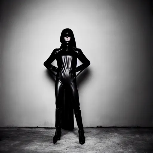 Image similar to fashion photography of an extraterrestrial model, holding a leather whip, wearing demobaza fashion, inside berghain, berlin fashion, harness, futuristic fashion, dark minimal outfit, photo 3 5 mm leica, hyperdetail, berghain, total black outfit, stone table, minimalism, 8 k, very detailed, photo by nick knight