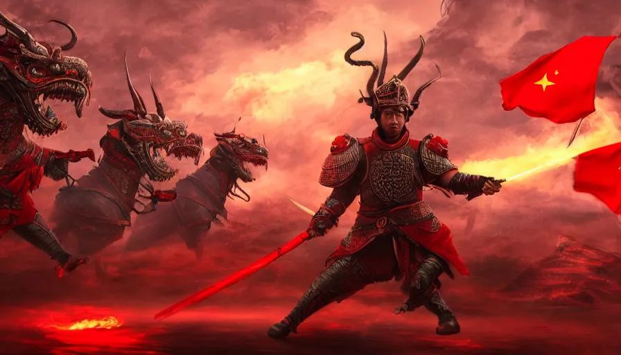 Image similar to mid shot cinematic artwork of President Xi with glowing red eyes on a Chinese dragon above an army of ancient Chinese warriors wearing red armor and holding red flags by greg rutowski, masterpiece, 4k