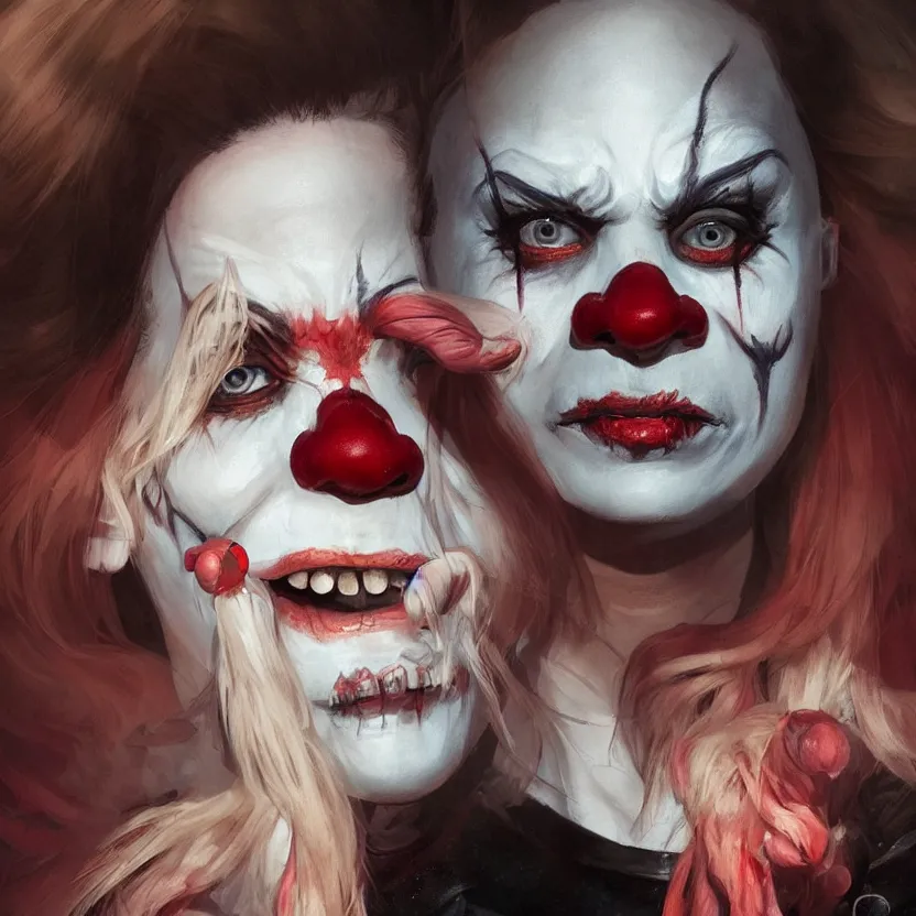 Image similar to hyperrealistic Charlene Gallego as a killer clown from outer space, trending on artstation, portrait, sharp focus, illustration, art by artgerm and greg rutkowski and magali villeneuve