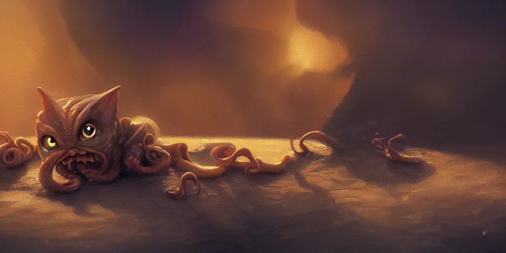 Prompt: cute happy baby cthulhu, golden hour, fantasy, sharp focus, digital art, hyper realistic, 4 k, unreal engine, highly detailed, hd, dramatic lighting by brom, trending on artstation, new cats movie