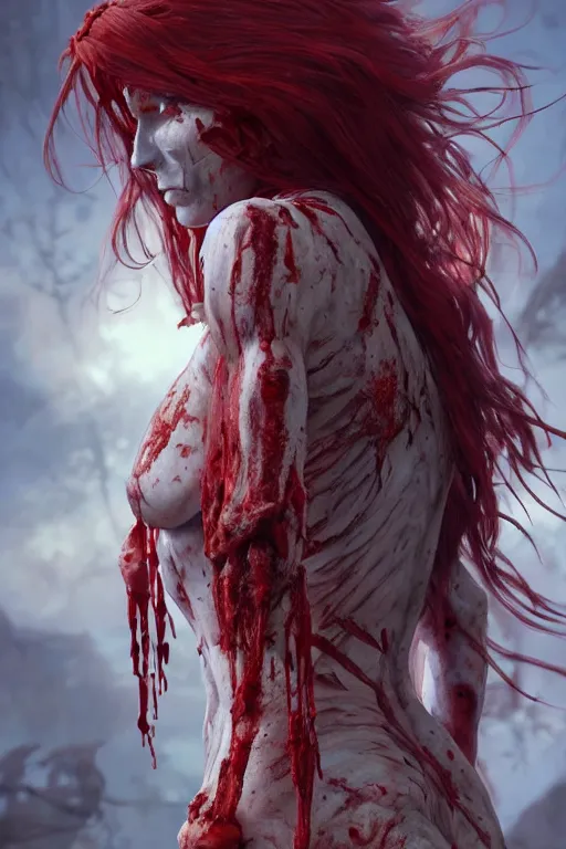 Image similar to woman skeleton covered with blood, long red hair, ultra realistic, concept art, intricate details, highly detailed, photorealistic, octane render, 8 k, unreal engine. mild film still, heavy grain, art by artgerm and greg rutkowski and alphonse mucha