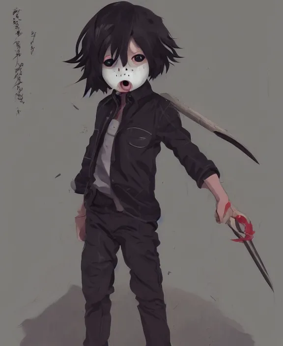 Image similar to cute little boy with black hair anime character inspired by jason voorhees, art by rossdraws, wlop, ilya kuvshinov, artgem lau, sakimichan, jakub rebelka and makoto shinkai, anatomically correct, extremely coherent, highly detailed, sharp focus, slasher movies, smooth, very realistic, symmetrical