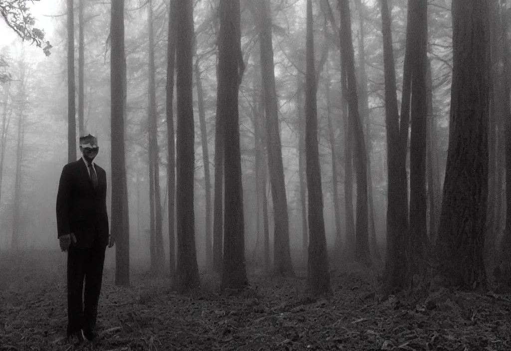 Prompt: low quality iphone photo of joe biden standing ominously deep in the foggy woods with a demonic smile in his face and his hands behind his back, low visibility creepy, grainy, trail cam footage