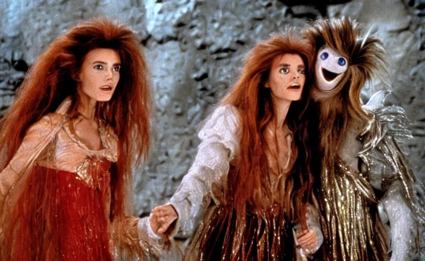 Image similar to movie still from the 1 9 8 8 sequel to labyrinth by jim henson starring david bowie and young jennifer connelly in a maze - like fortress on the moon. whimsical muppets of wondrous alien creatures and humanoid characters. fantasy adventure.