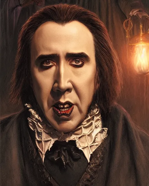 Image similar to nicolas cage as dracula, highly detailed, centered, artstation, concept art, smooth, sharp focus, illustration, bokeh art by artgerm and donato giancola and joseph christian leyendecker