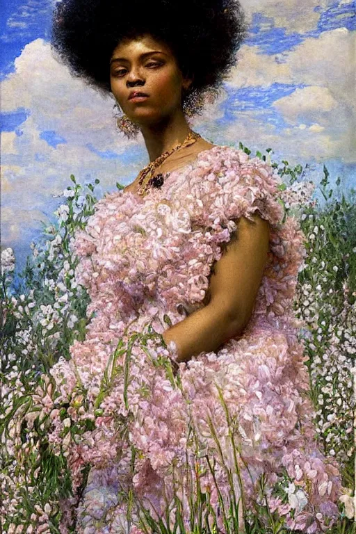 Image similar to close - up fashion afro woman portrait airy flowers cloudy sky art by vasnetsov