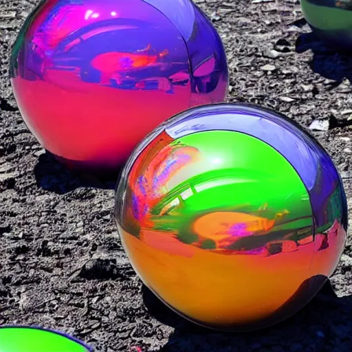 Prompt: Giant Translucent multicolored spheres, reflections, transparent, cracks, hd photograph