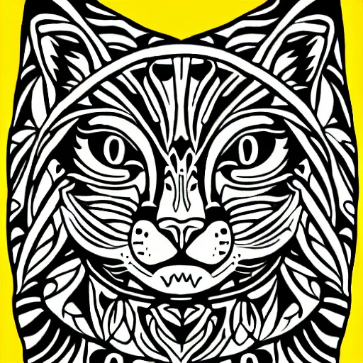 Image similar to tattoo sketch of a cat hugging the sun, on a yellow paper, uzbekistan ornament, line art, vector